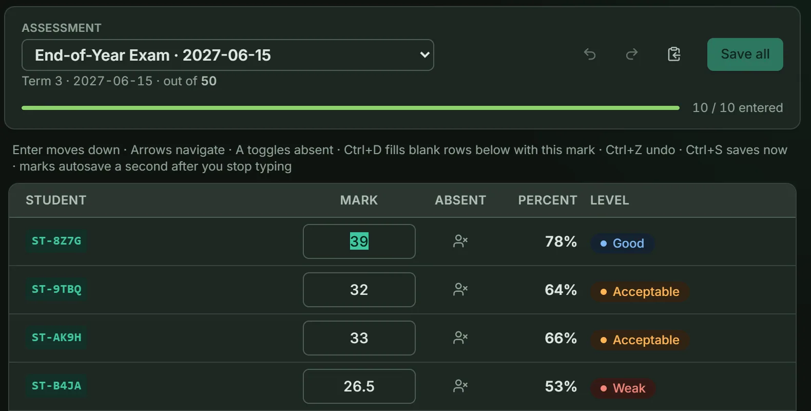 The mark entry grid in Muraqib with its keyboard hints: Enter moves down, A toggles absent, Ctrl+D fills down, Ctrl+Z undoes, marks autosave.